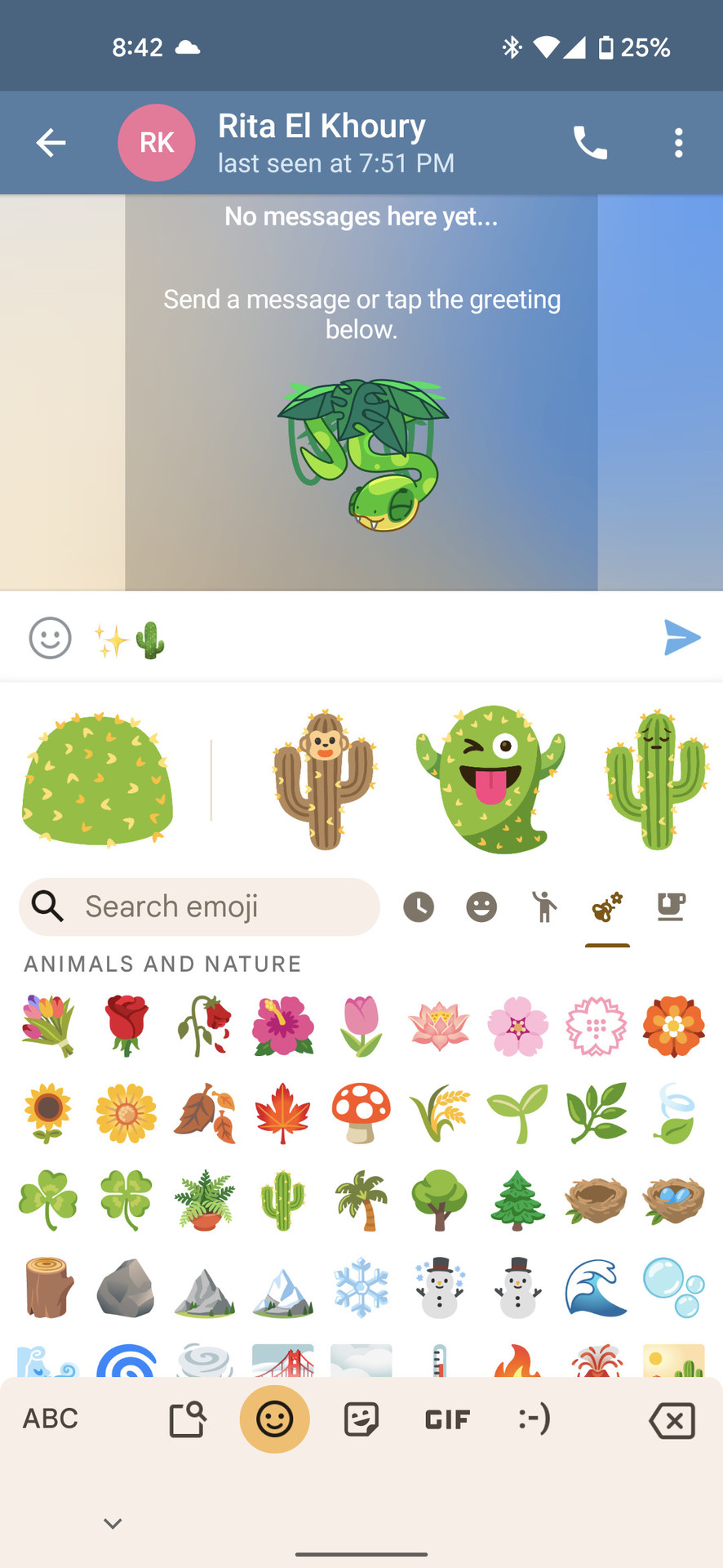 Gboard with cactus blob combo in Emoji Kitchen, inside Telegram