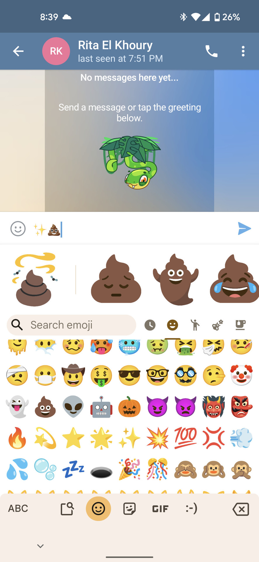 Gboard with poop blob combo in Emoji Kitchen, inside Telegram