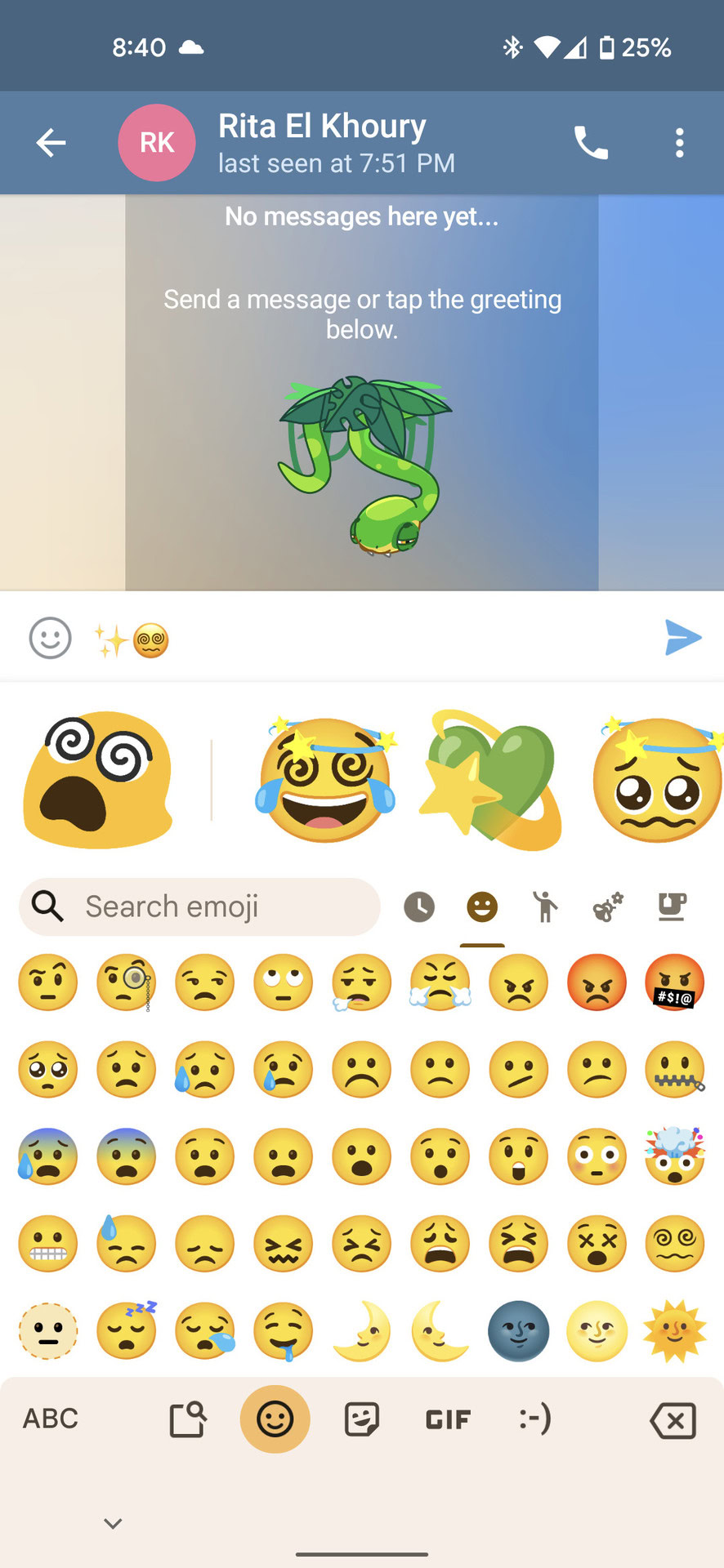 Gboard with dizzy face blob combo in Emoji Kitchen, inside Telegram