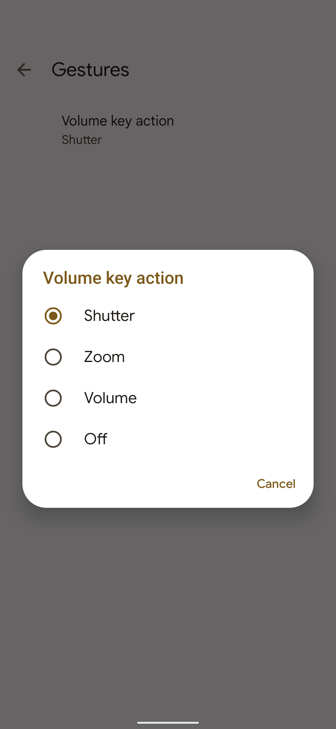 Google Camera's volume key gesture options