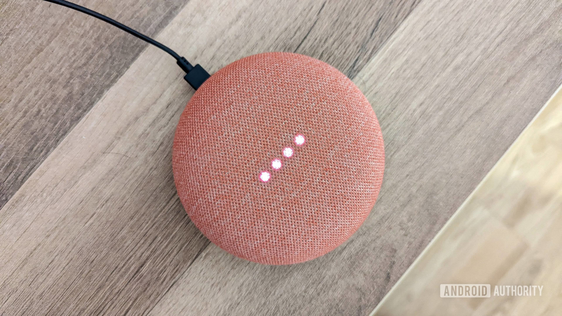 Google Home Mini Coral with Lights on Wooden Background