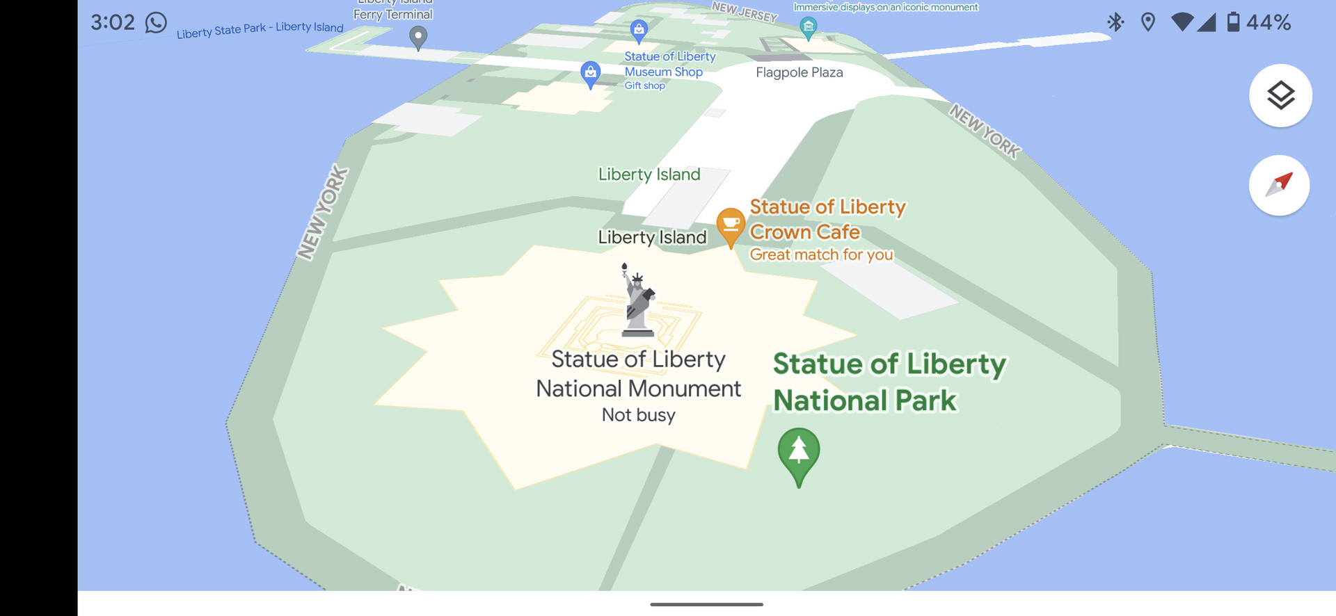 Google Maps in perspective view with the Statue of Liberty at the front.