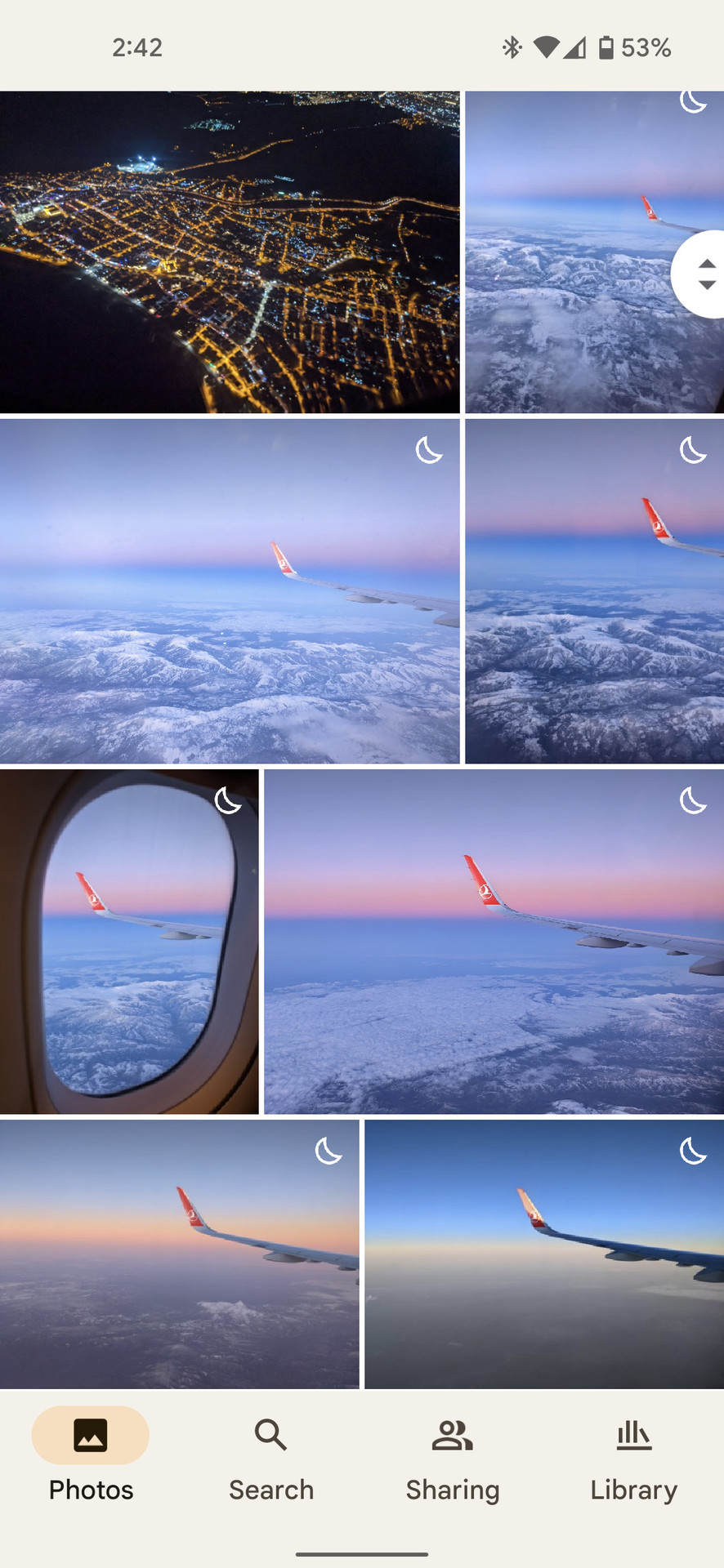 Google Photos grid with large thumbnails of pics taken from a plane
