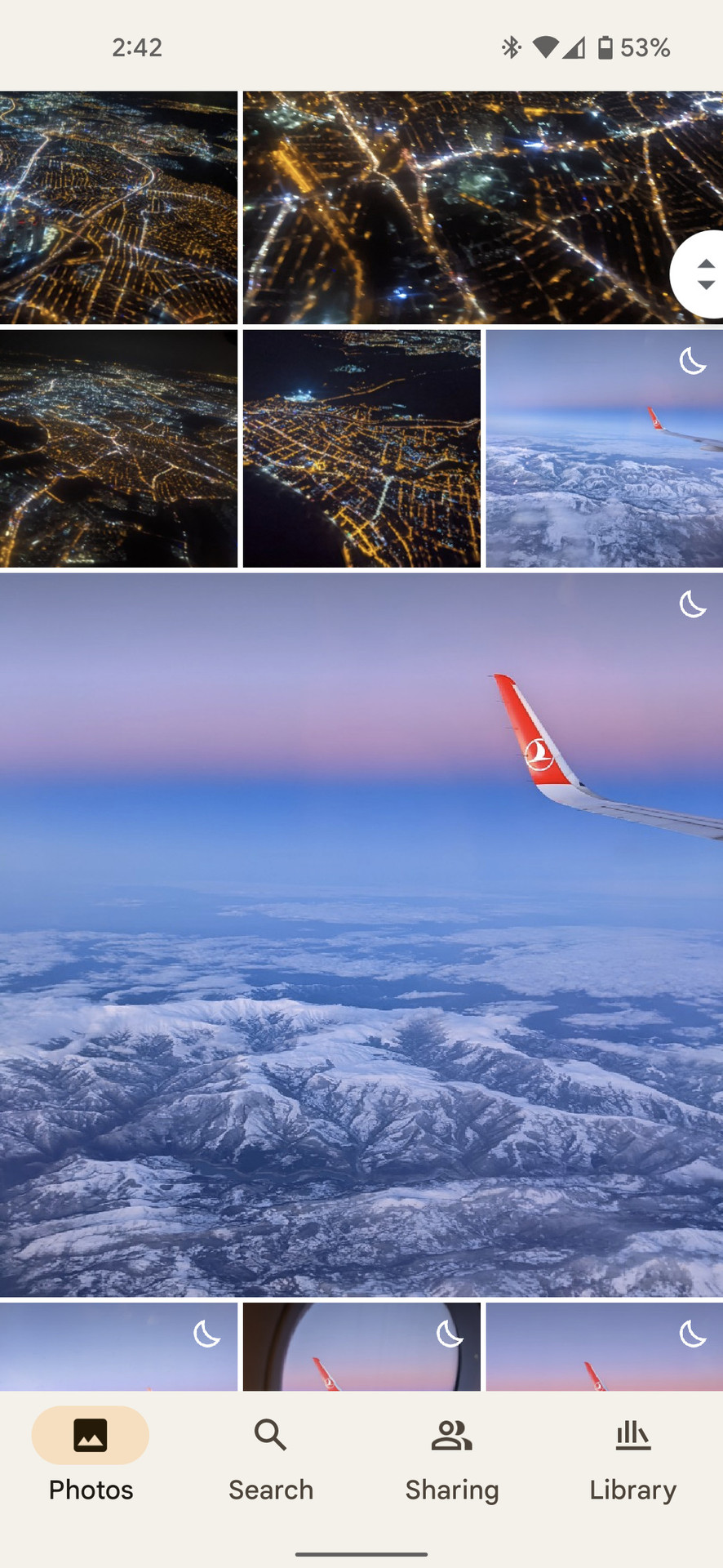 Google Photos grid with normal thumbnails of pics taken from a plane