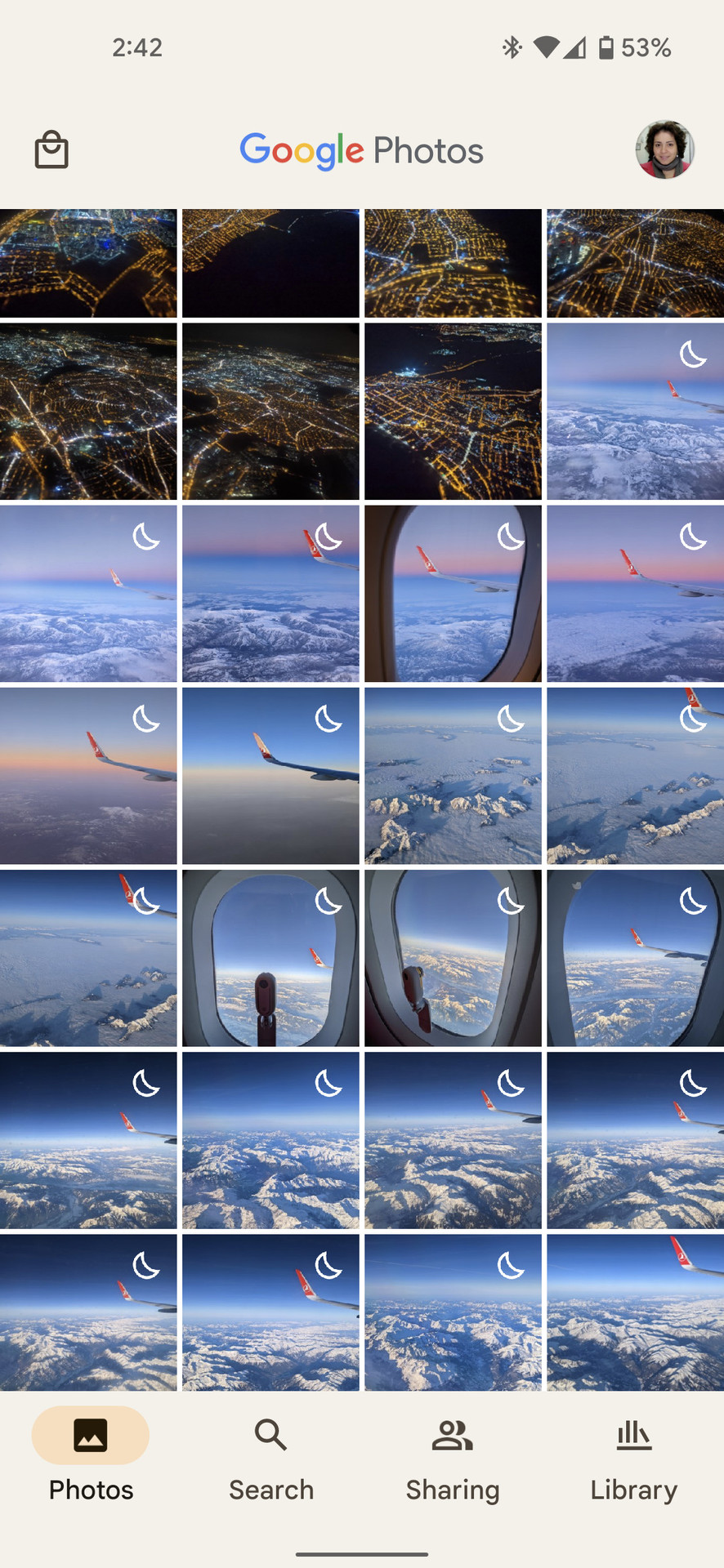 Google Photos grid with small thumbnails of pics taken from a plane
