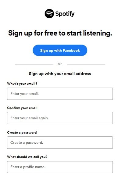 ссылка Spotify и регистрация скриншота facebook