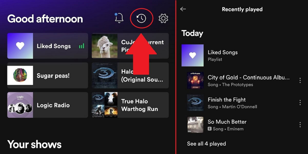spotify mobile recently played