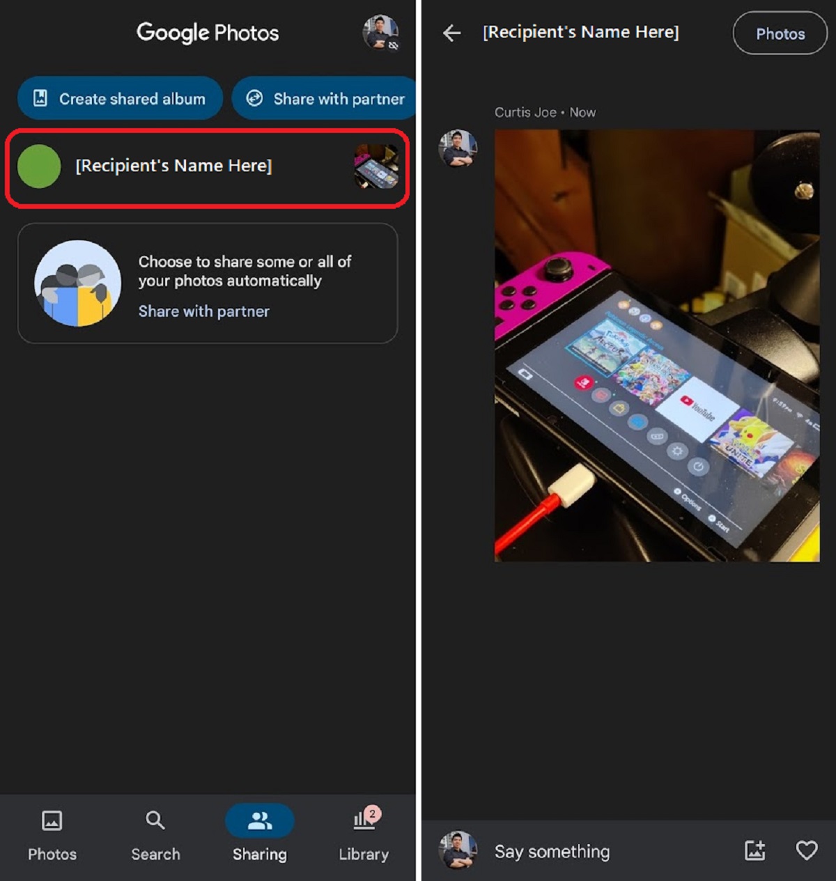sharing google photos from phone screenshot messenger style page