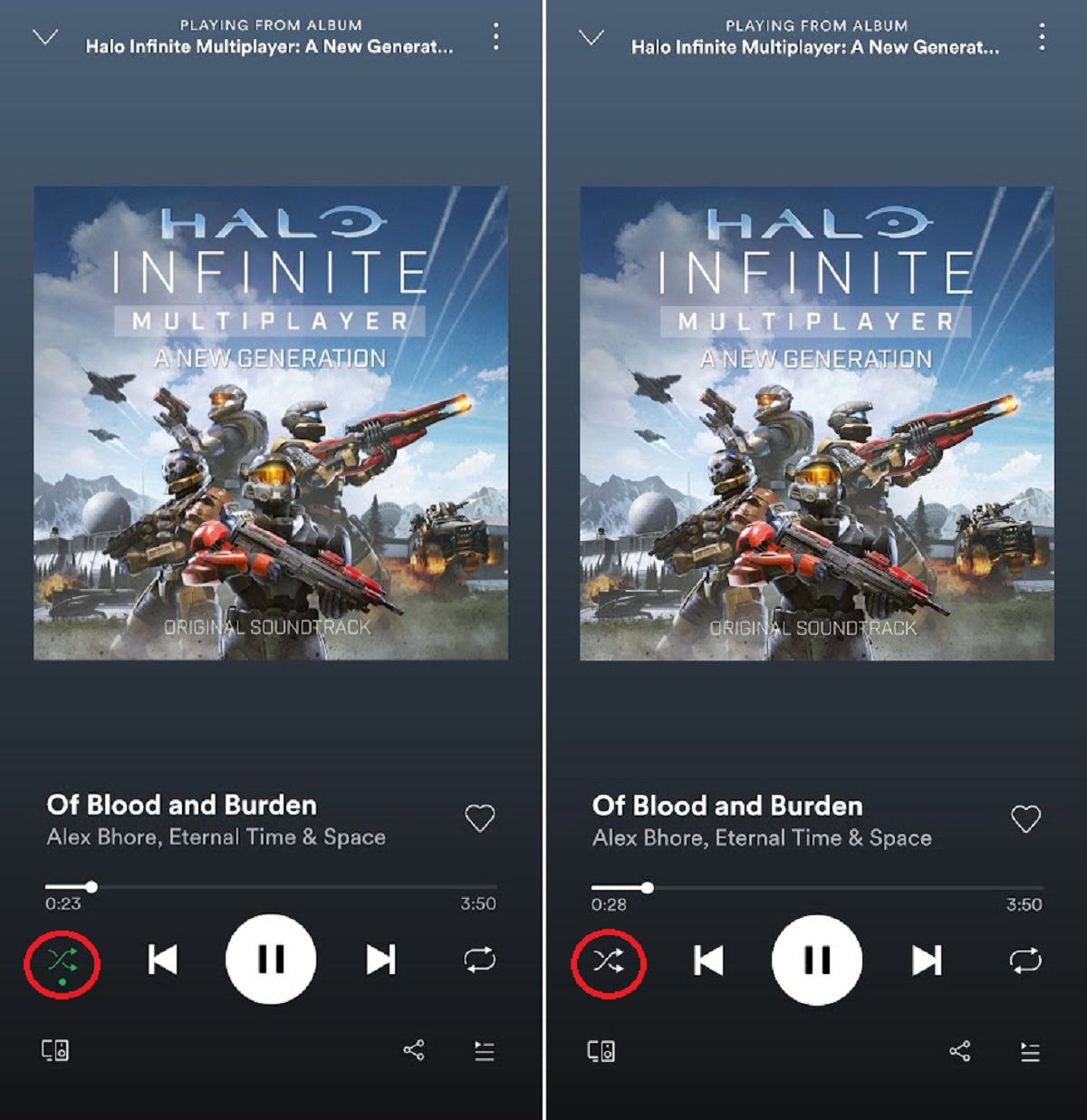 shuffle on shuffle off difference in the playback bar mobile