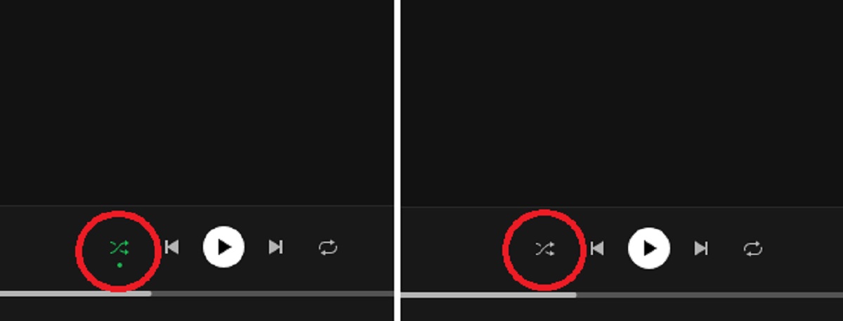 shuffle on shuffle off difference in the playback bar