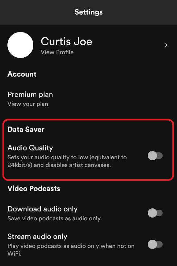 turning off data saver in spotify settings