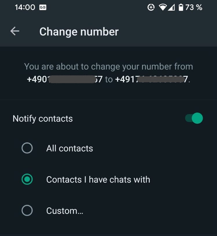 whatsapp phone android confirm change number
