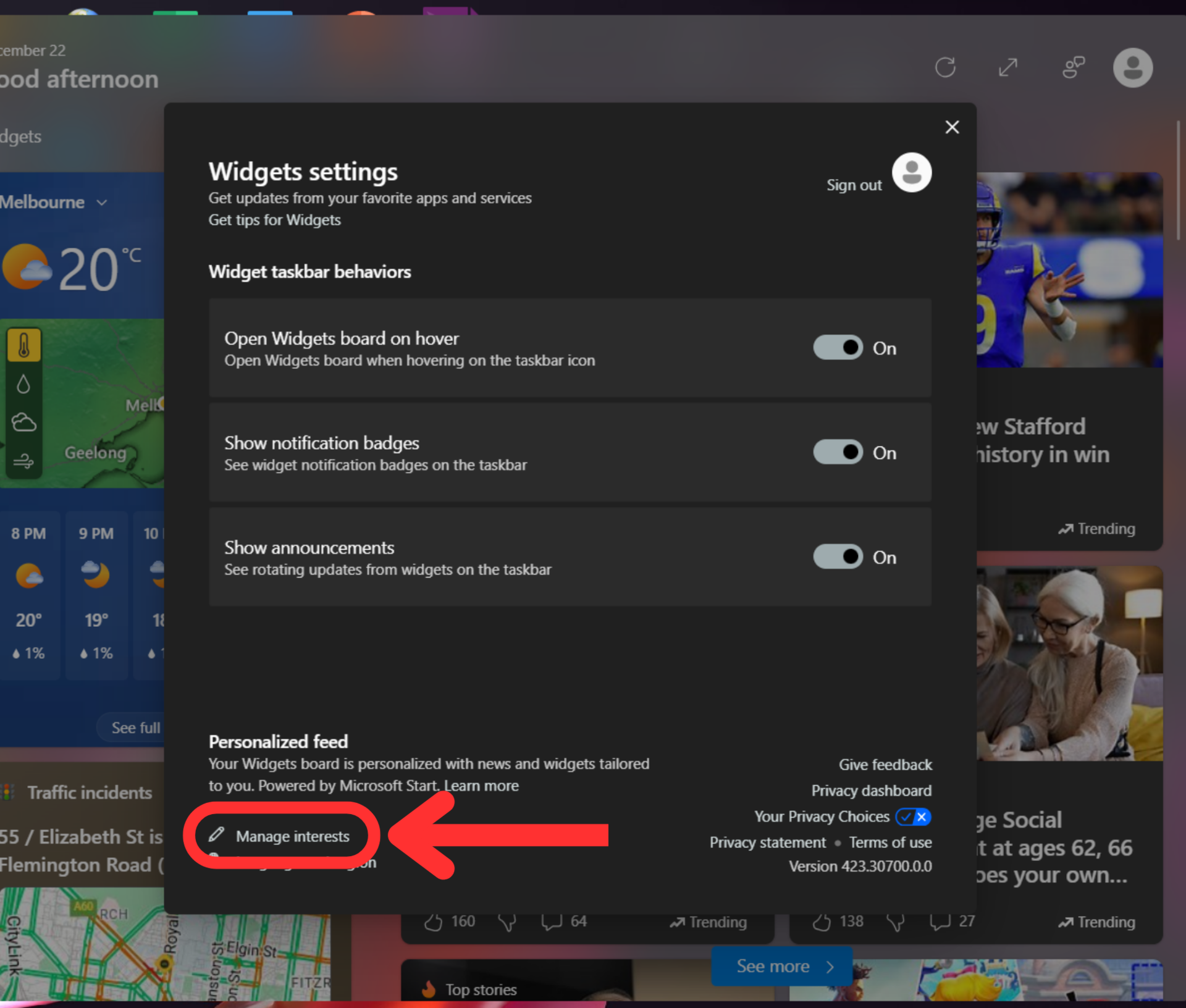 windows 11 widgets profile icon settings manage interests