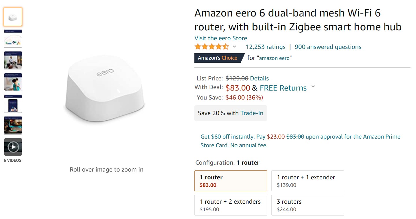 Amazon Eero 6 Dual Band Mesh Wi Fi 6 Router Deal