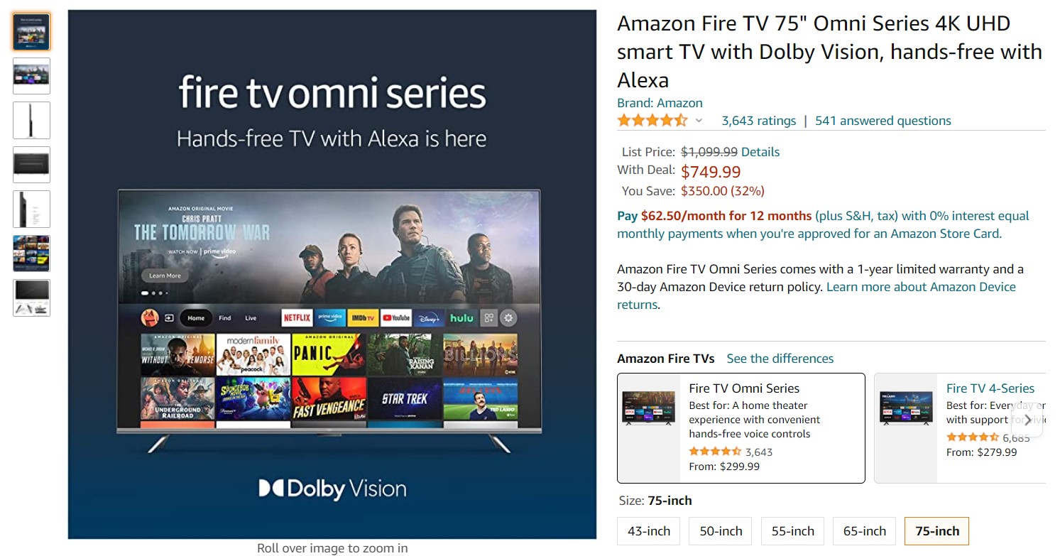 Amazon Fire TV 75 inch Omni Series 4K UHD Smart TV Deal