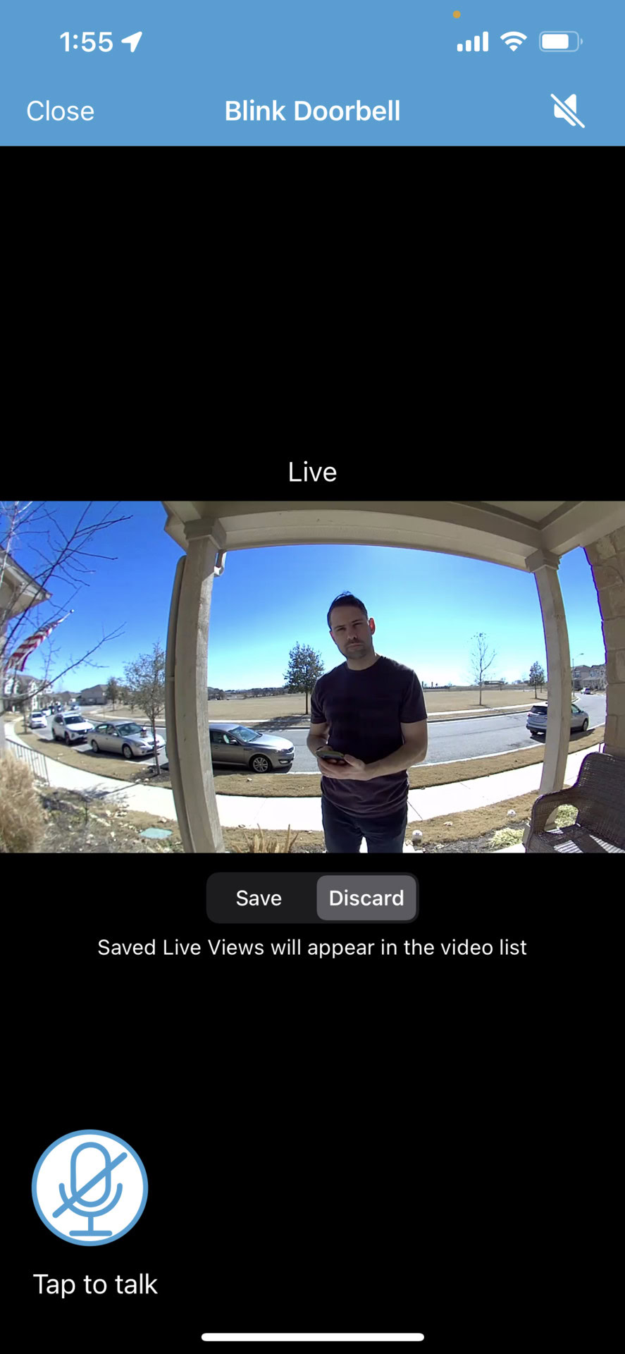 A live view in the Blink Video Doorbell app