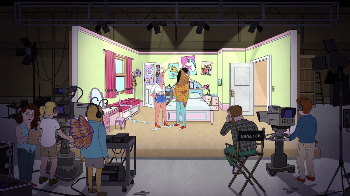 BoJack on a sitcom set, surrounded by cast and crew, in BoJack Horseman — shows like Pam and Tommy
