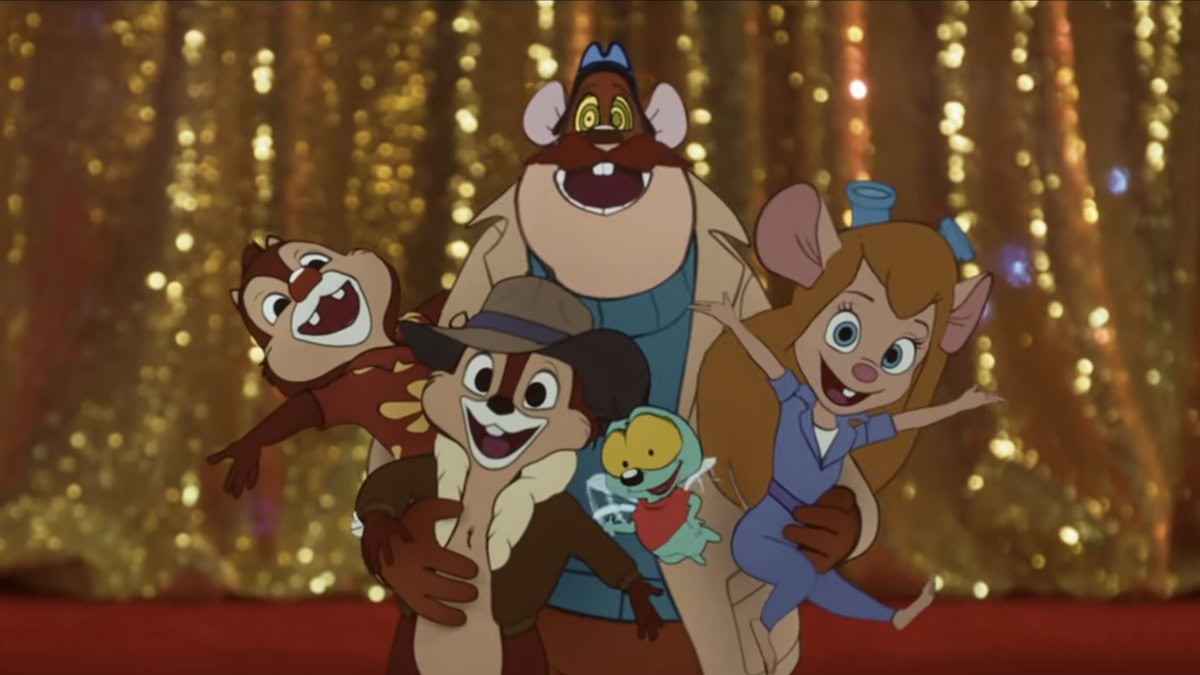 The animated cast of the Rescur Rangers poses for a photo in Chip ‘n Dale Rescue Rangers - disney plus release schedule
