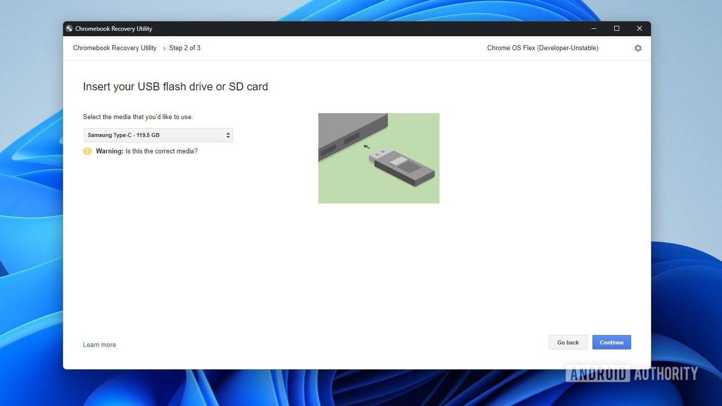 Chromebook Recovery Utility drive selected