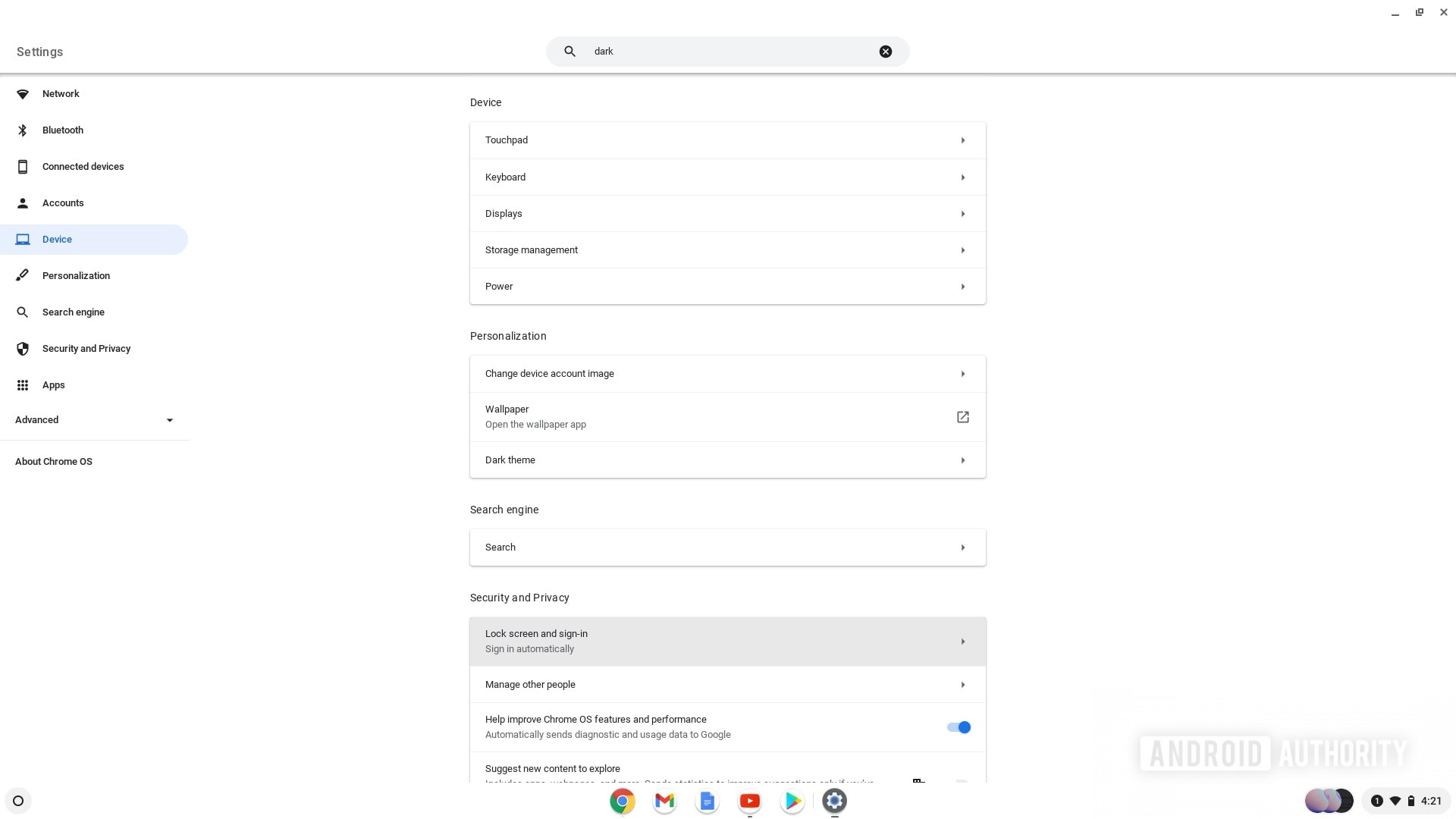 Your Chromebook displays the settings