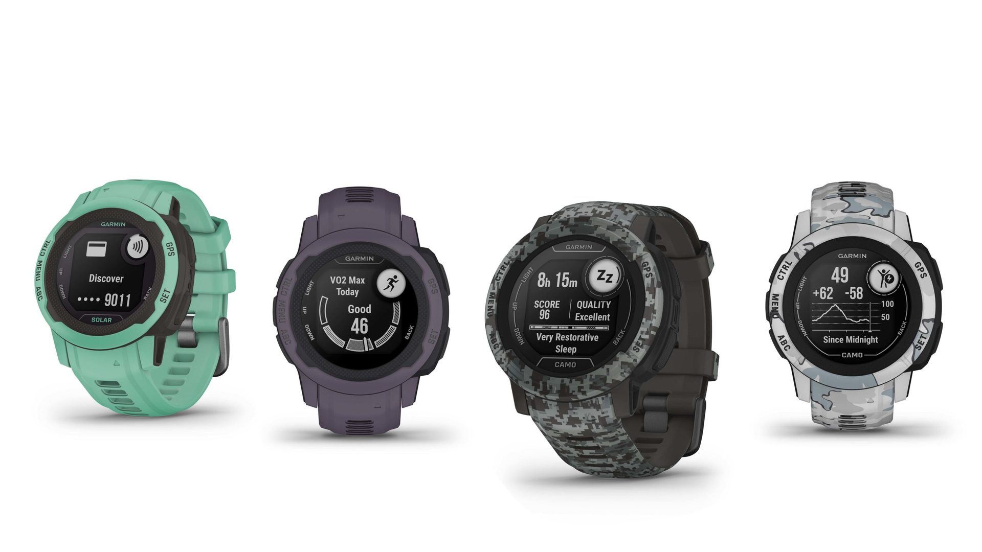 A variety of devices from the Garmin Instinct 2 series display new and updated features including Vo2 Max, Garmin Pay, Sleep Score, and updates to Body Battery.