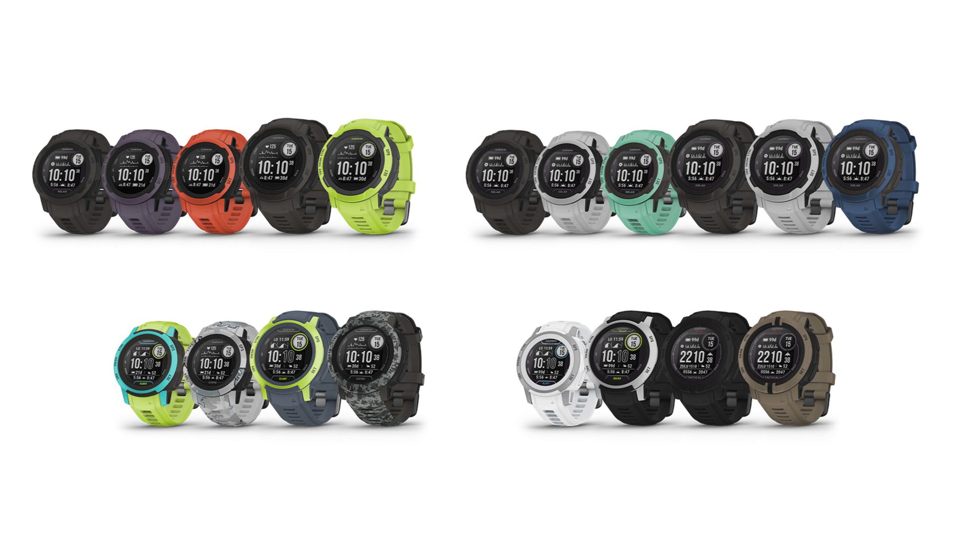 A product lineup of Garmin Instinct 2 series highlights bold new colors and two different size options.