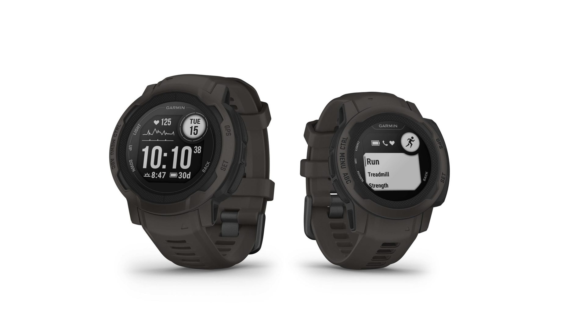 A Garmin Instinct 2 and Garmin Instinct 2S, each in Graphite, rest on a white surface.