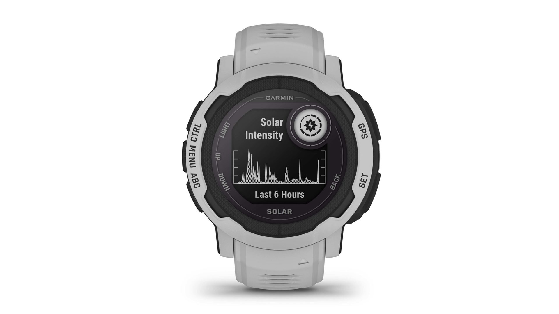 A Garmin Instinct 2 solar edition in Mist Gray displays solar intensity data.