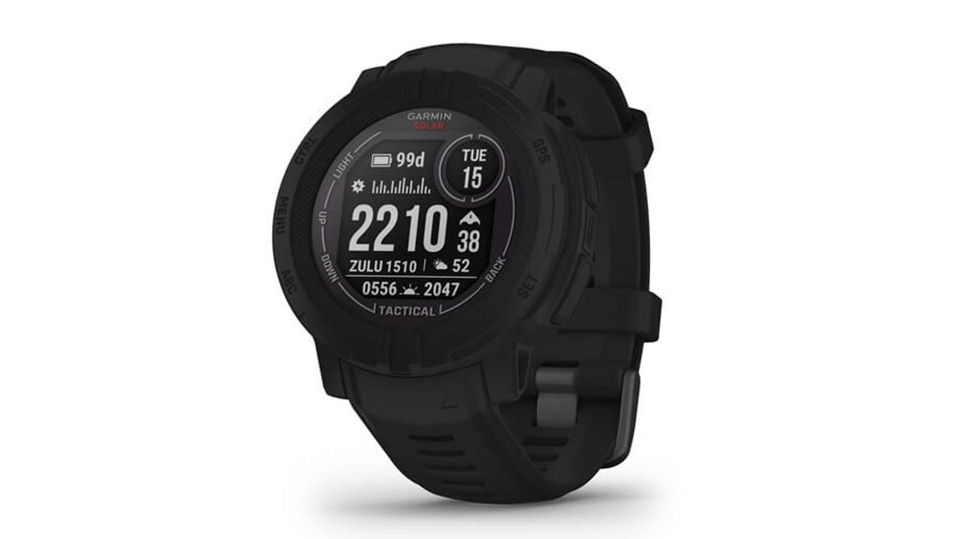 A product image of the Garmin Instinct 2 Solar Tactical watch in black.