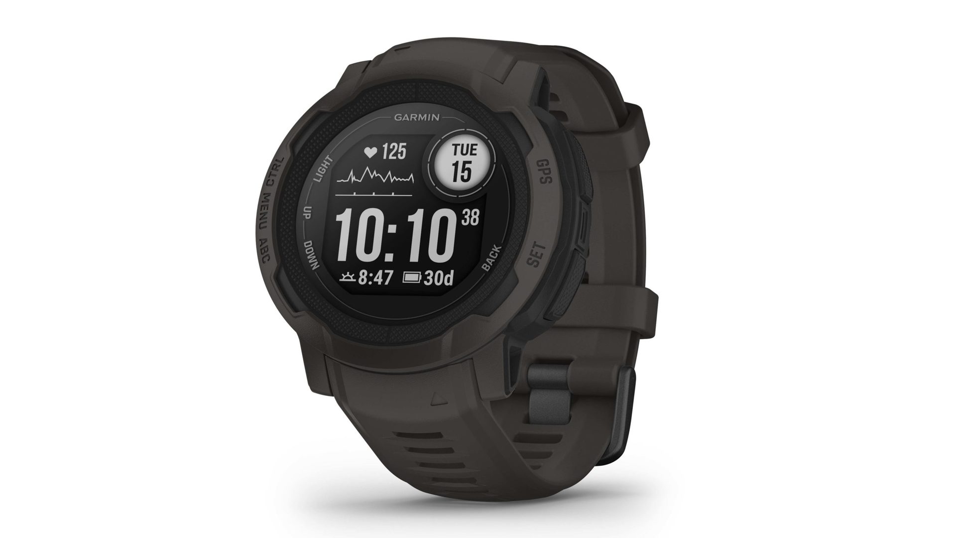 A product image shows a Garmin Instinct 2 Standard model in graphite.