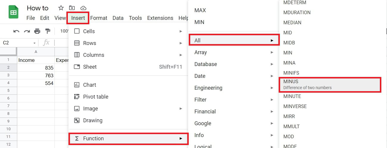 Insert MINUS function google sheets