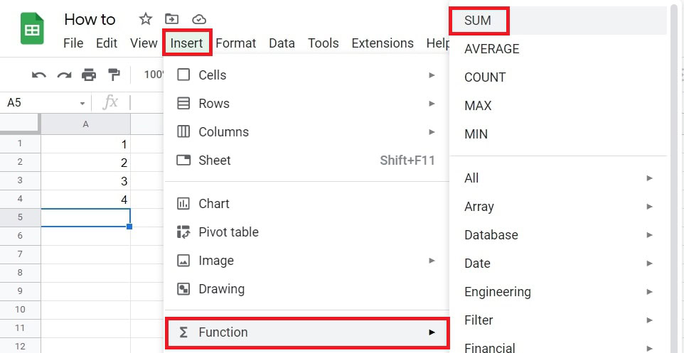 Insert SUM function google sheets