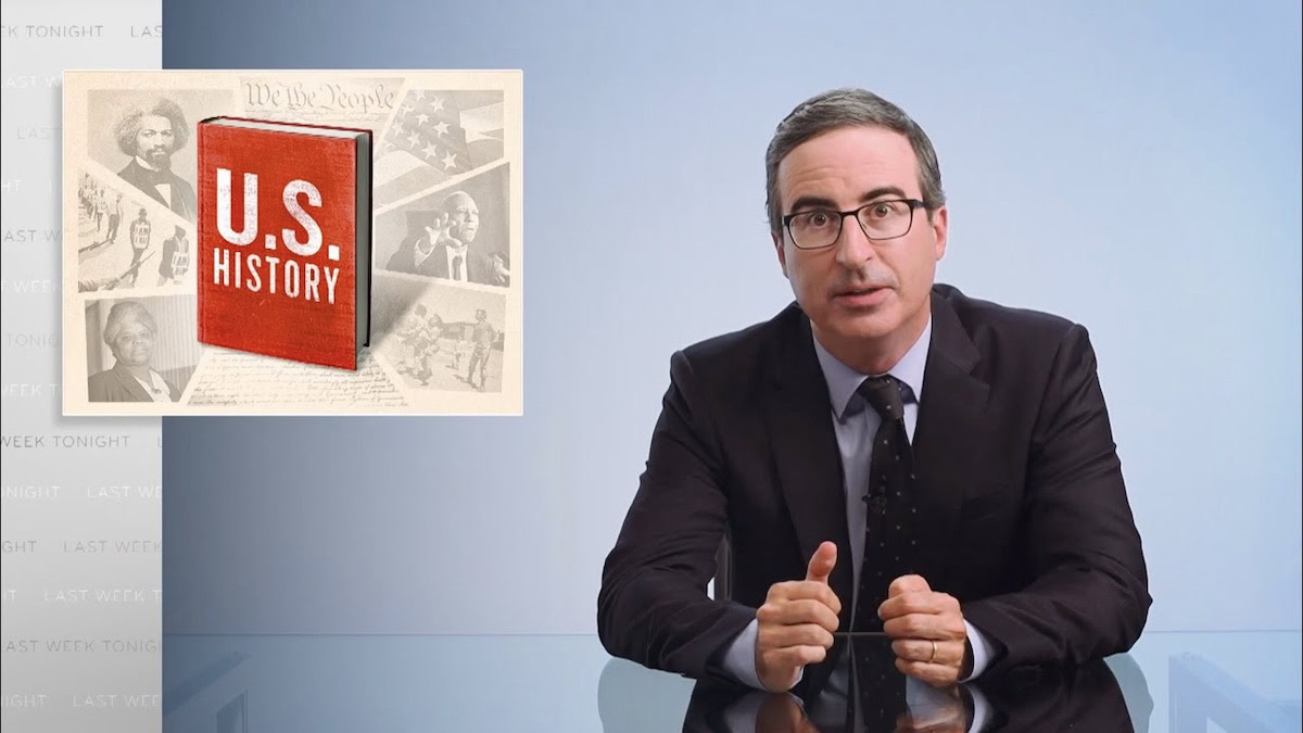 John Oliver speaks, with an American History image in the top left corner in Last Week Tonight - best HBO Max shows