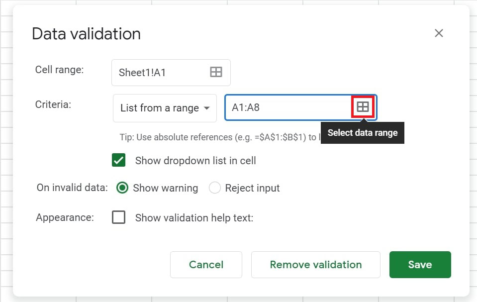 List of range drop-down