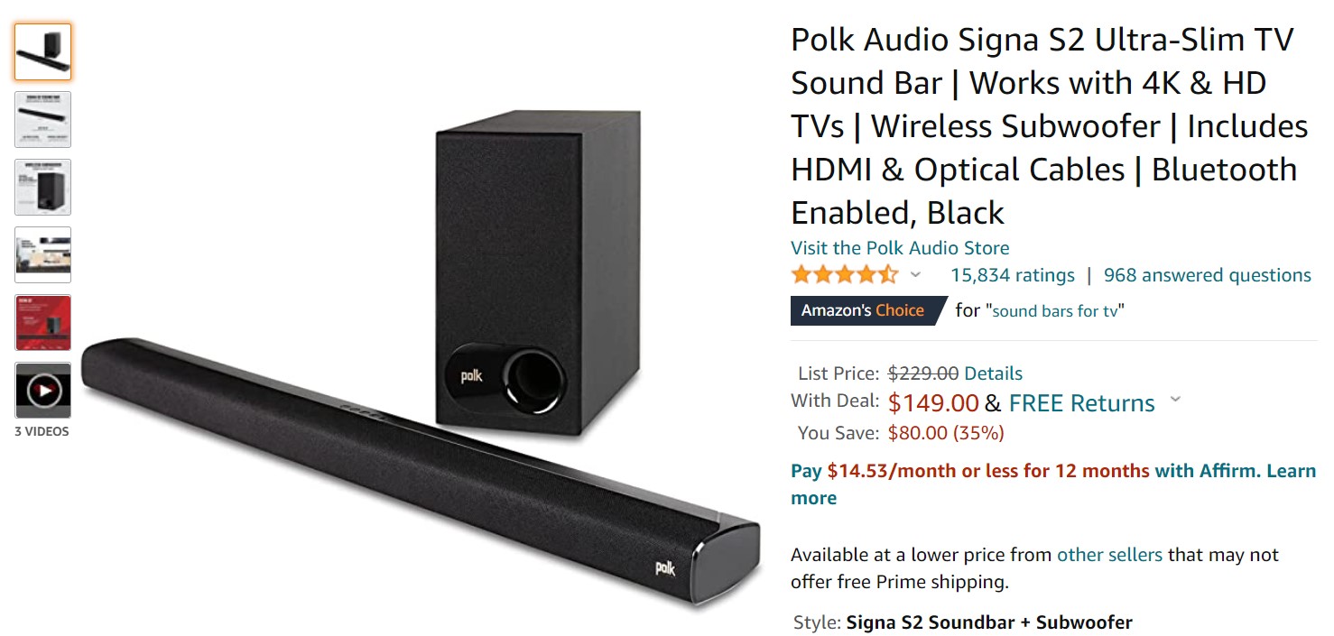 Polk Audio Signa S2 Ultra Slim TV Sound Bar Amazon Deal