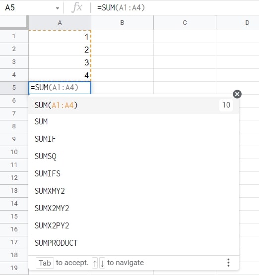 SUM formula google sheets