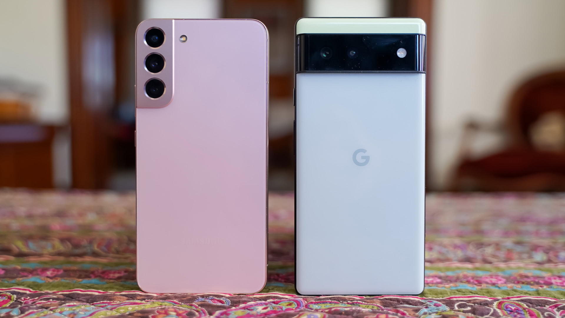 Samsung Galaxy S22 Plus vs Google Pixel 6 rear on table