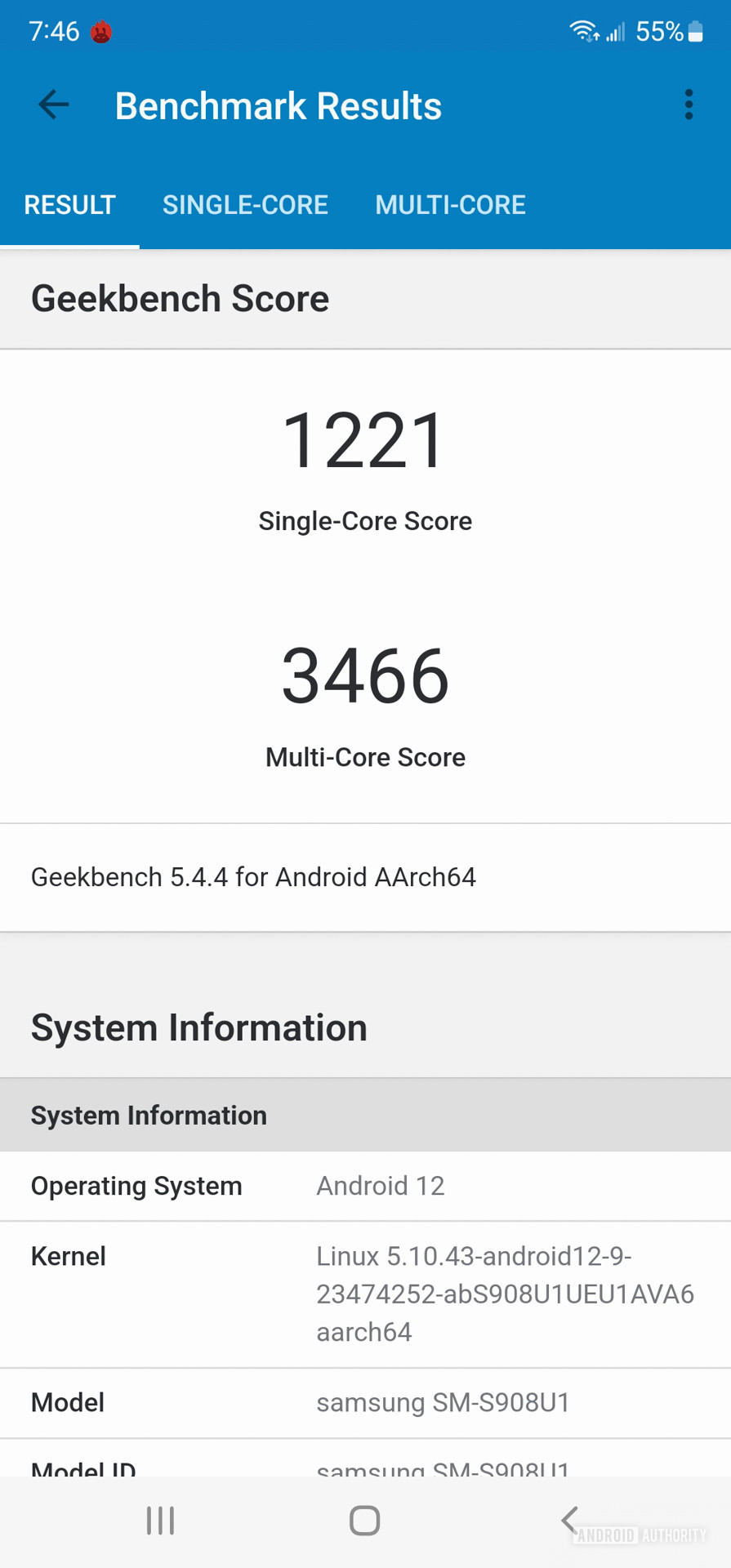 Samsung Galaxy S22 Ultra software Geekbench 5