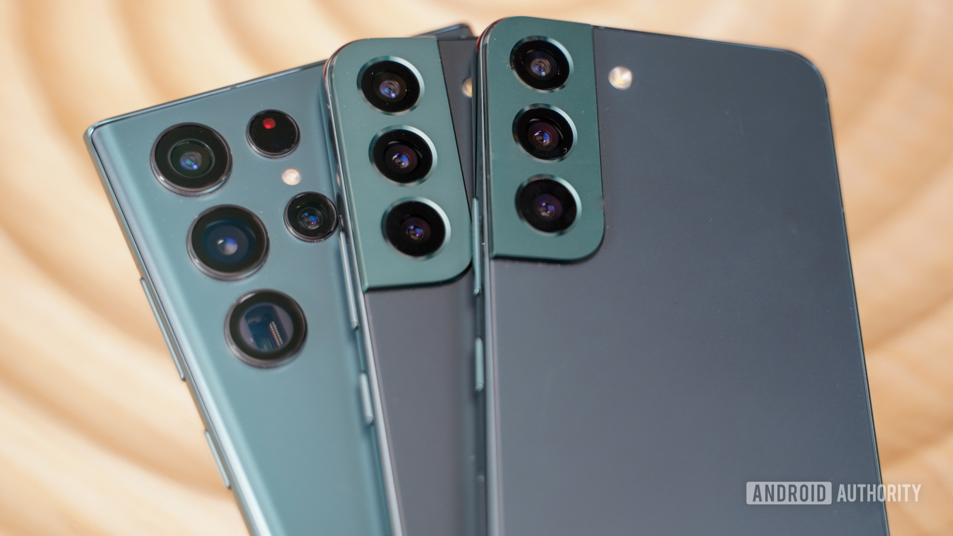 Samsung Galaxy S22 family in blue angled camera closeups