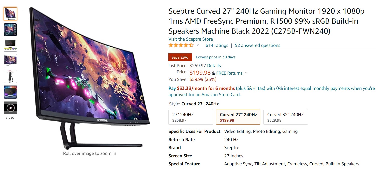 Sceptre Curved 27 inch 240Hz Gaming Monitor Amazon Deal