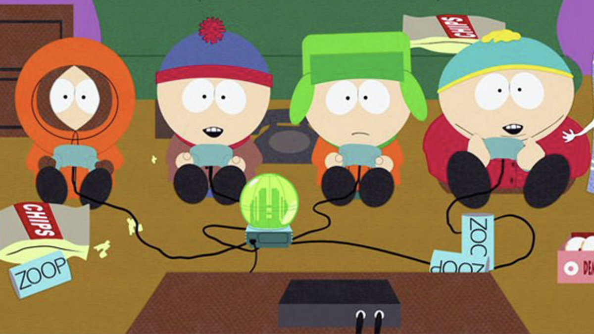 The kids of South Park (Kenny, Kyle, Cartman, and Stan) play video games and eat junk food - best hbo max shows