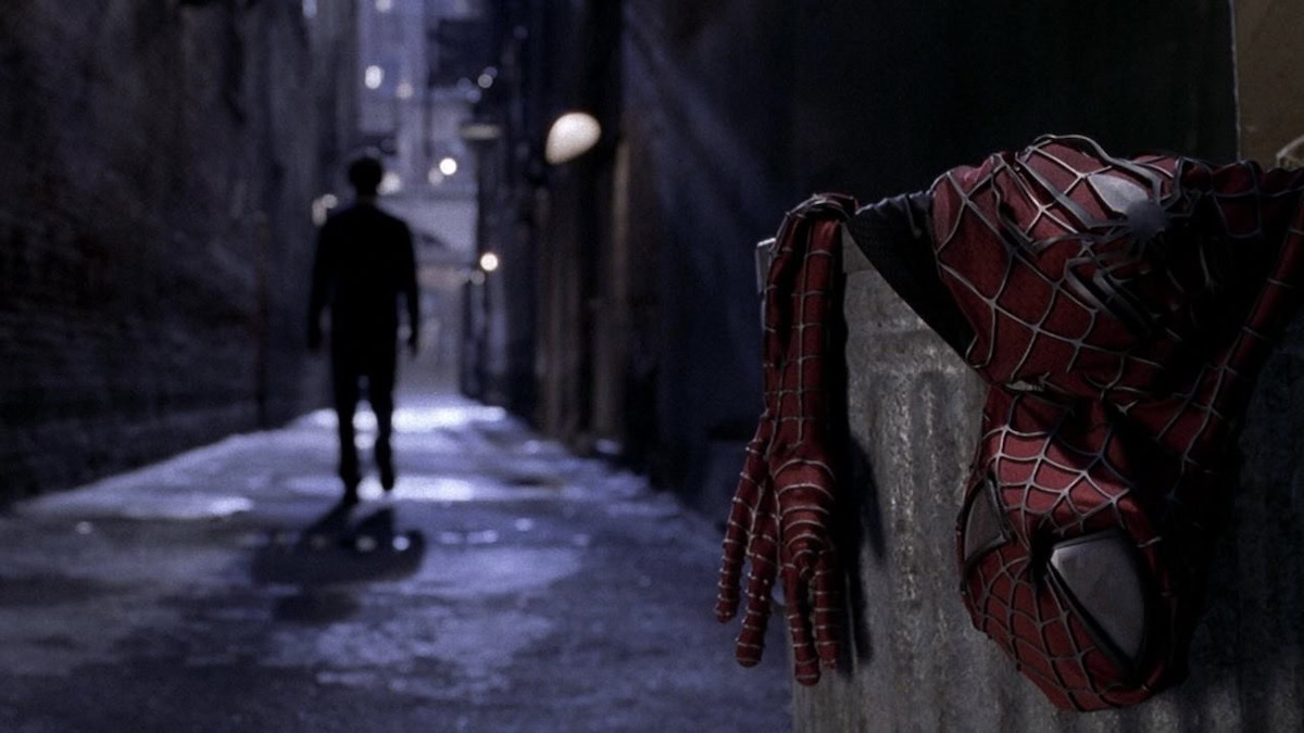 Peter Parker has his back to his Spider-Man suit, which is in the trash in an alley, in Spider Man 2 - why is spider-man not on disney plus