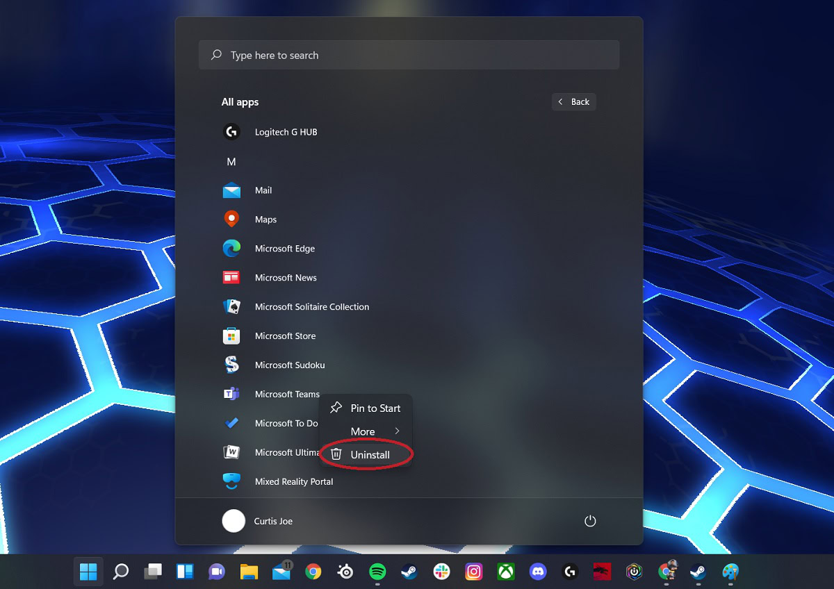 Uninstalling in Windows 11 through the Start menu