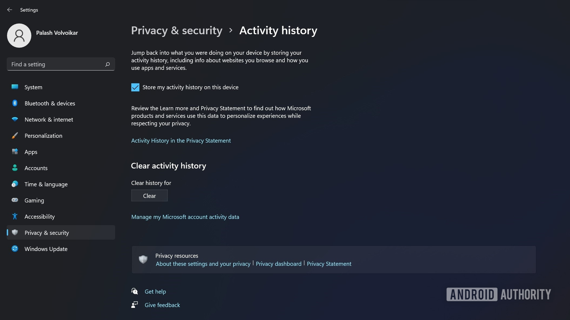 Windows 11 clear activity history