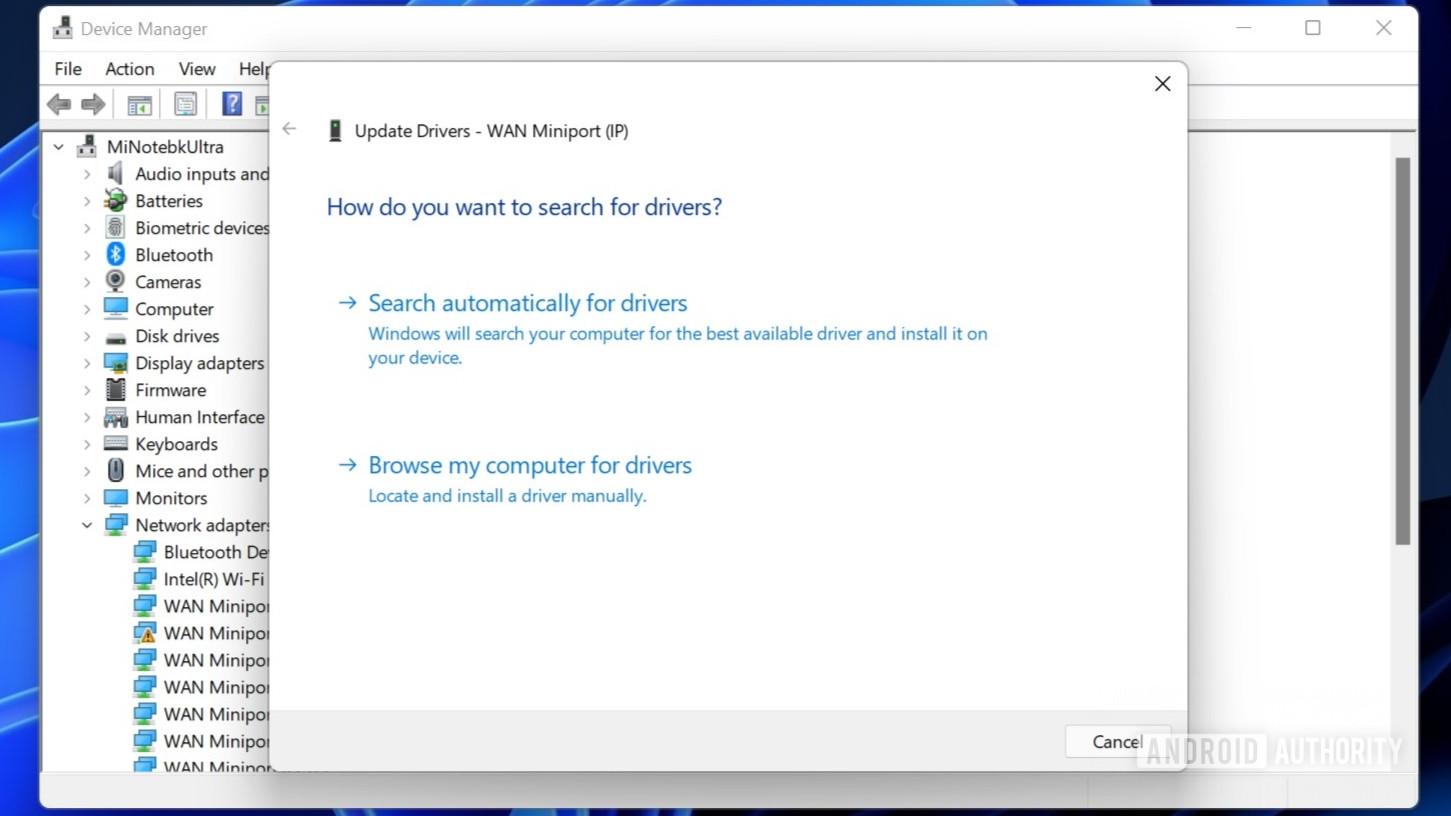 Windows 11 device manager driver search options