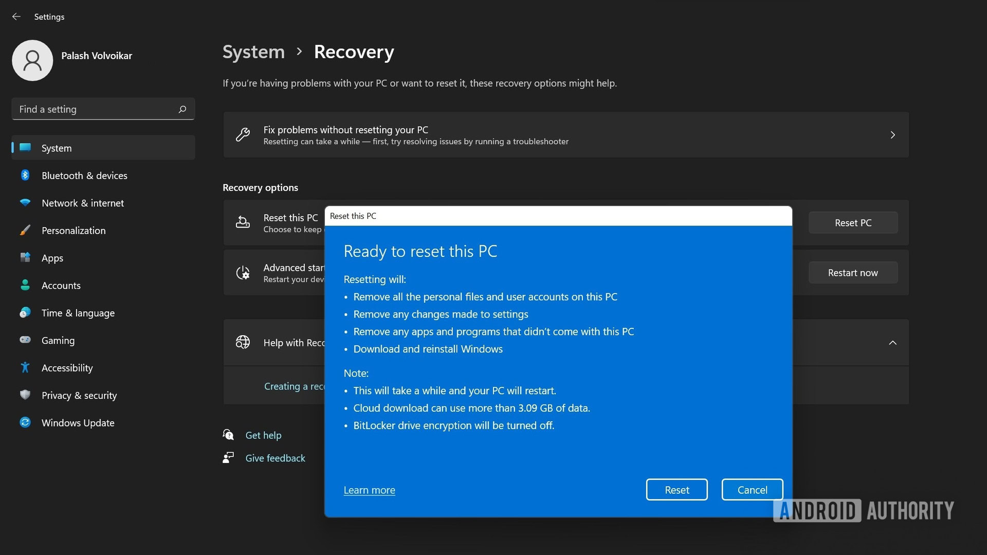 Windows 11 ready to reset cloud dialog