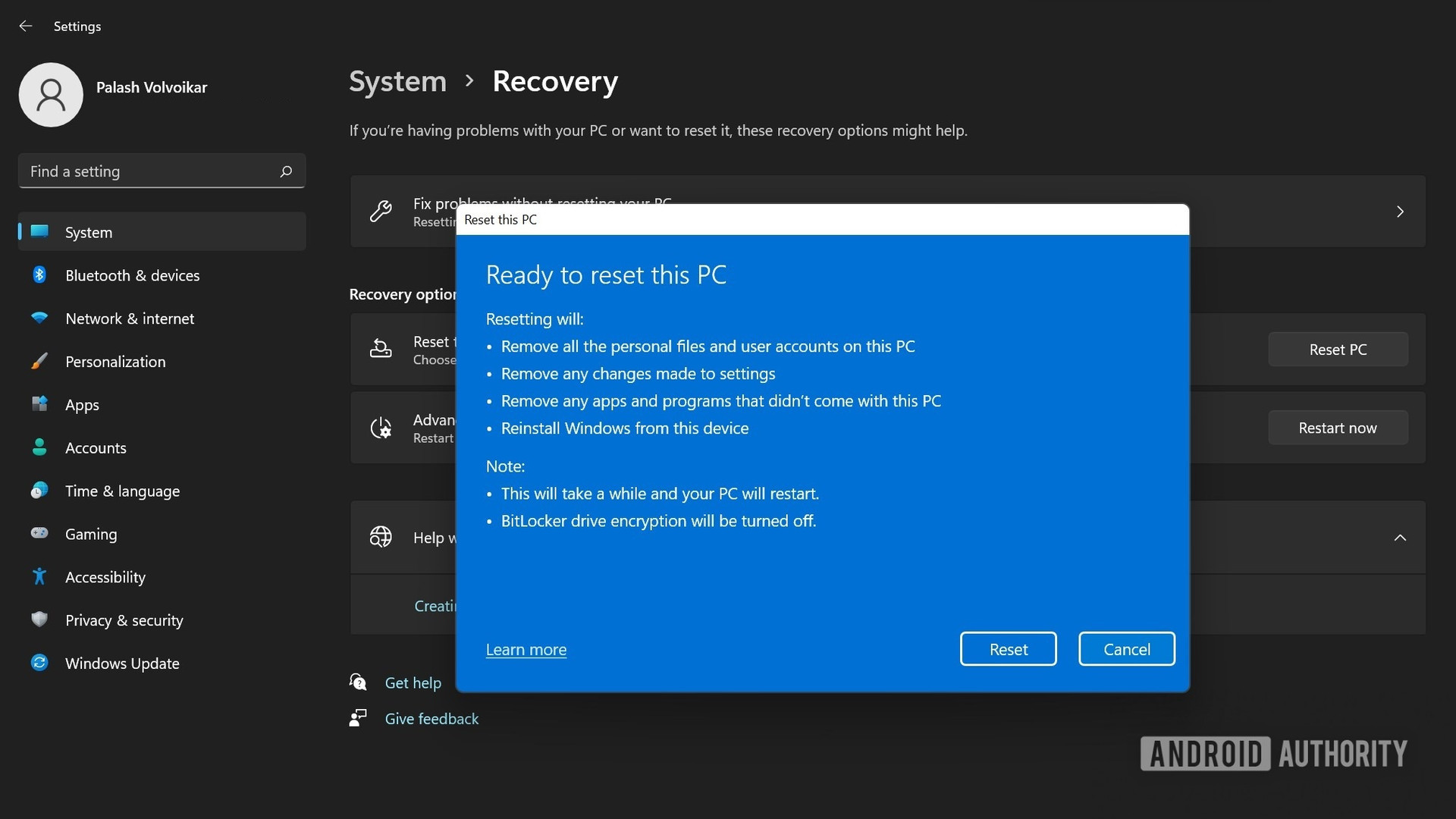 Windows 11 ready to reset this pc dialog
