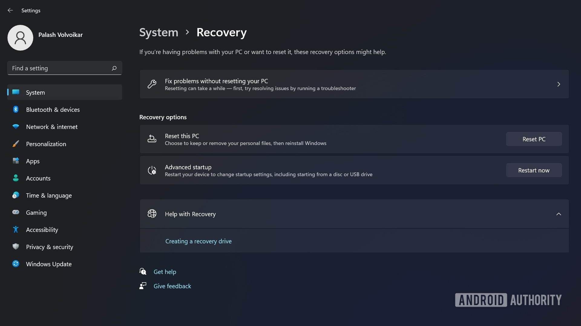 Windows 11 recovery reset pc