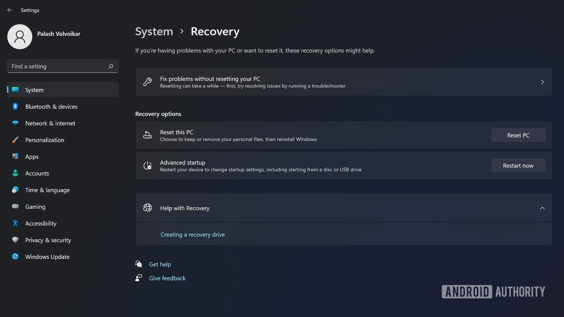 Windows 11 recovery reset pc