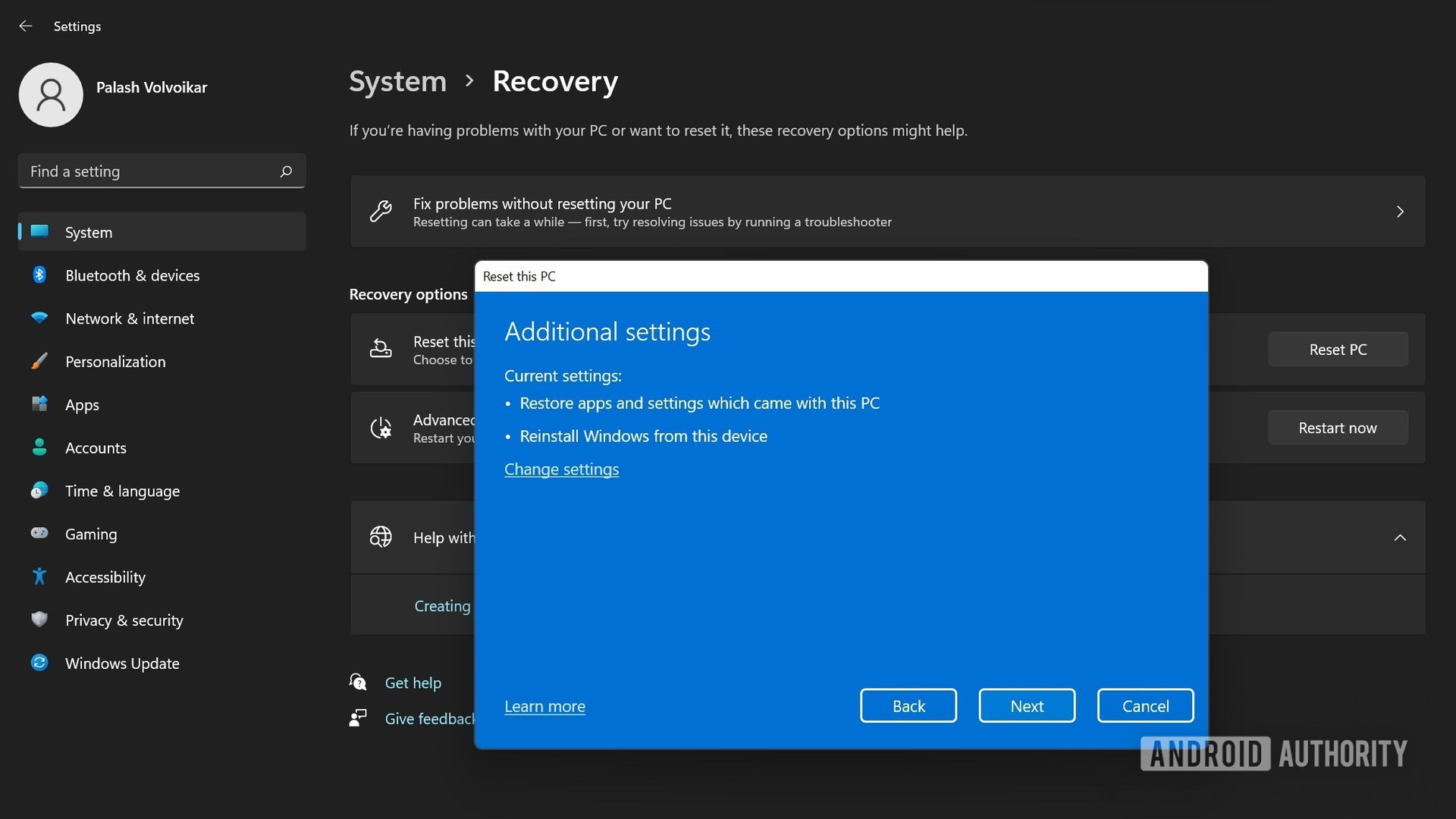 Windows 11 reset pc with files additional settings dialog